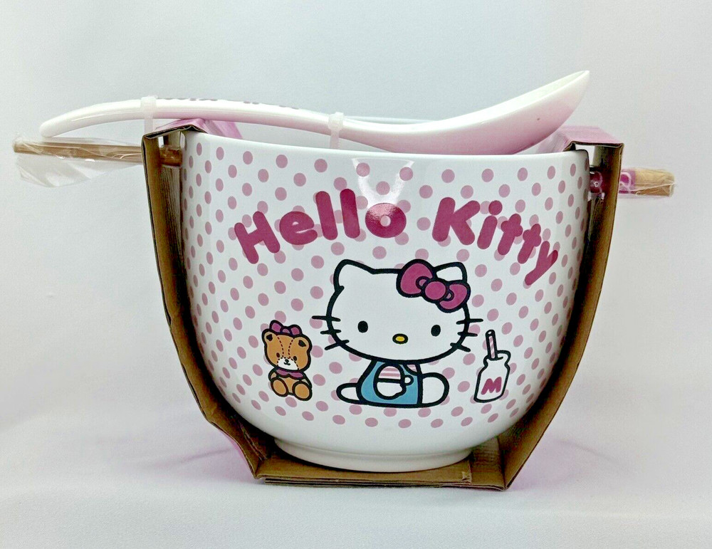 Hello Kitty Ceramic Bowl With Chopsticks Spoon Noodles Ice Cream Cereal Sanrio