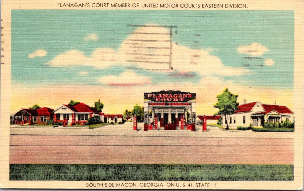 Dr Jim Stamps Postcard Flanagans Court Gas Pumps Macon Georgia Us 41
