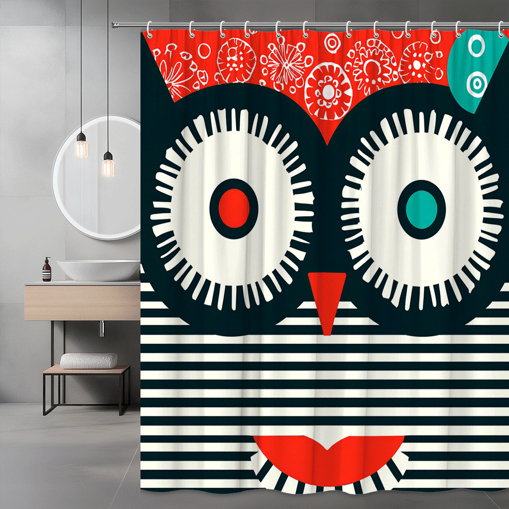 Owl Face Shower Curtain Red Black White Graphic