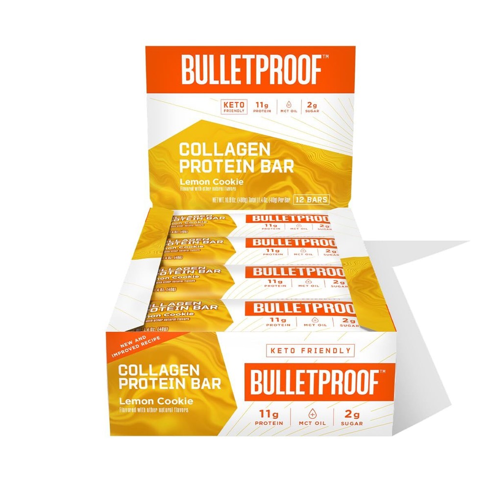 Bulletproof Lemon Cookie Collagen Protein Bars Pack of 12 Keto-Friendly Snack...