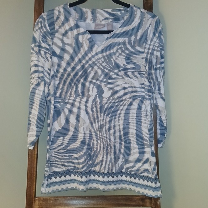Chico's Women's 0 Blue White Gray Abstract Knit V-Neck 3/4 Sleeve Tunic Top