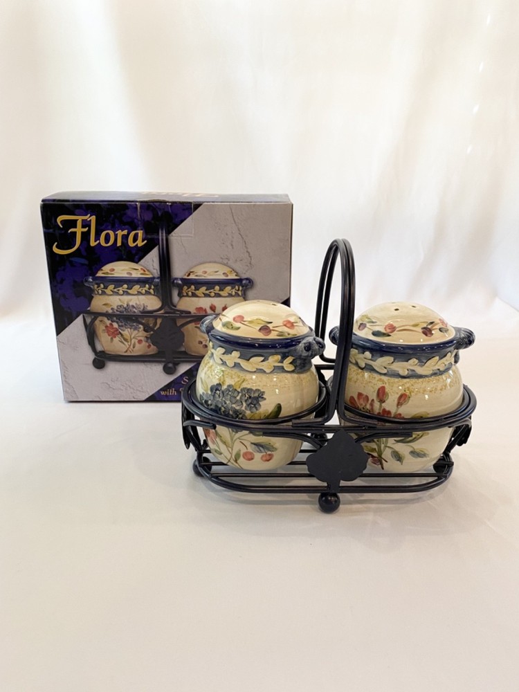 Salt and Pepper Set with Caddy Certified International Flora by Pamela Gladding