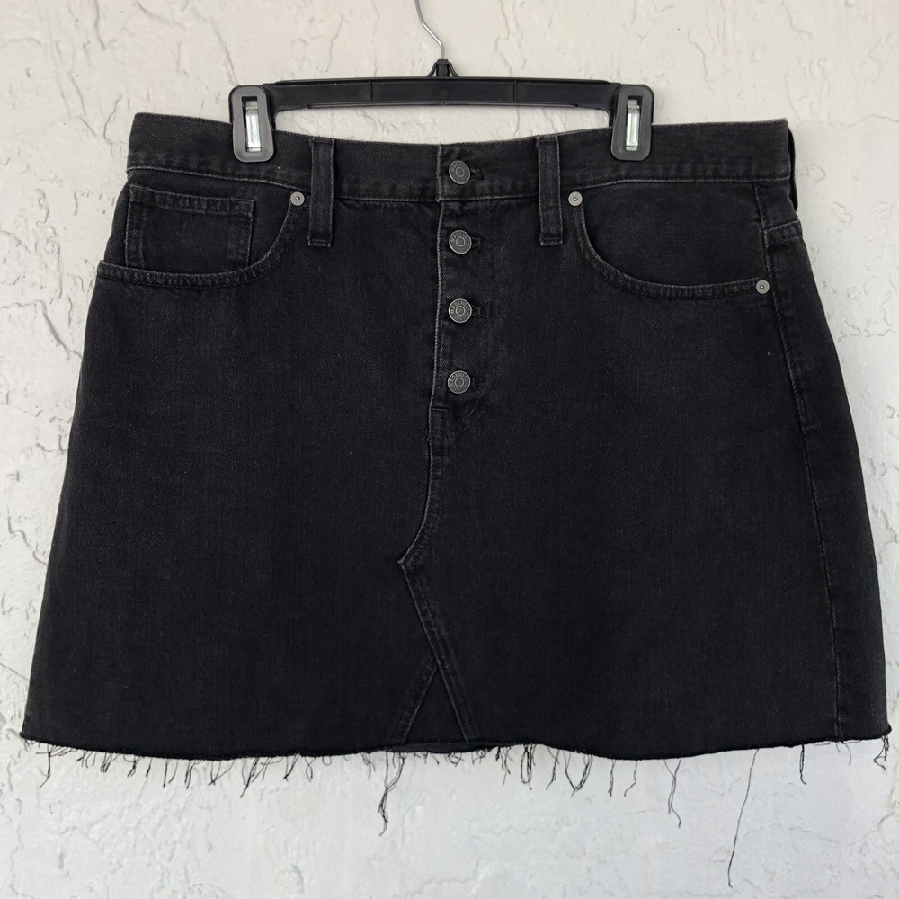 MADEWELL Rigid Denim Jean A Line Mini Skirt Black Size 32 Button Fly Raw Hem