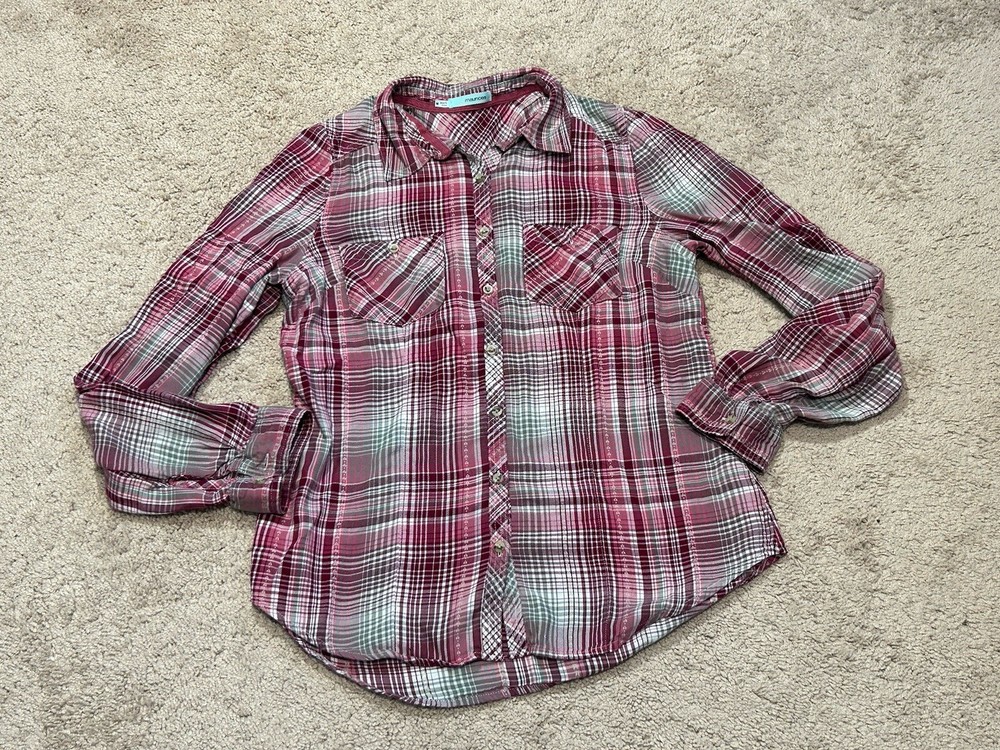 Maurices Womens Shirt Sz Medium Multicolor Plaid Button Down Pockets Lightweigt