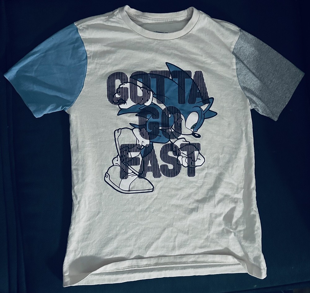 Youth Sega Sonic The Hedgehog T-Shirt Size 12 White w/Blue, Gray Sleeves