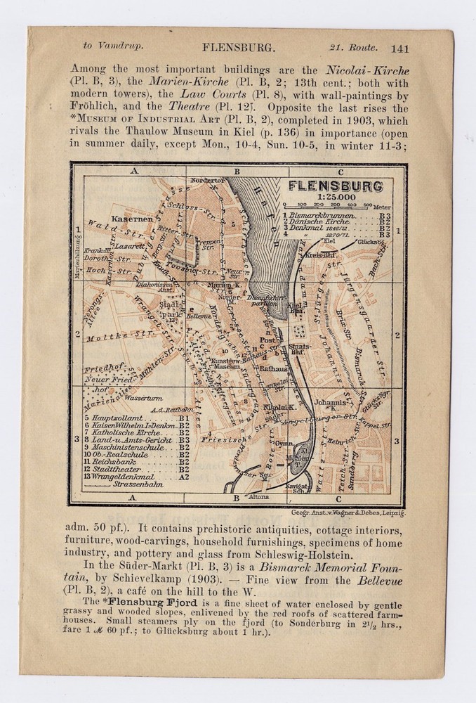 1910 Original Antique Map Of Flensburg Schleswig-Holstein / Germany