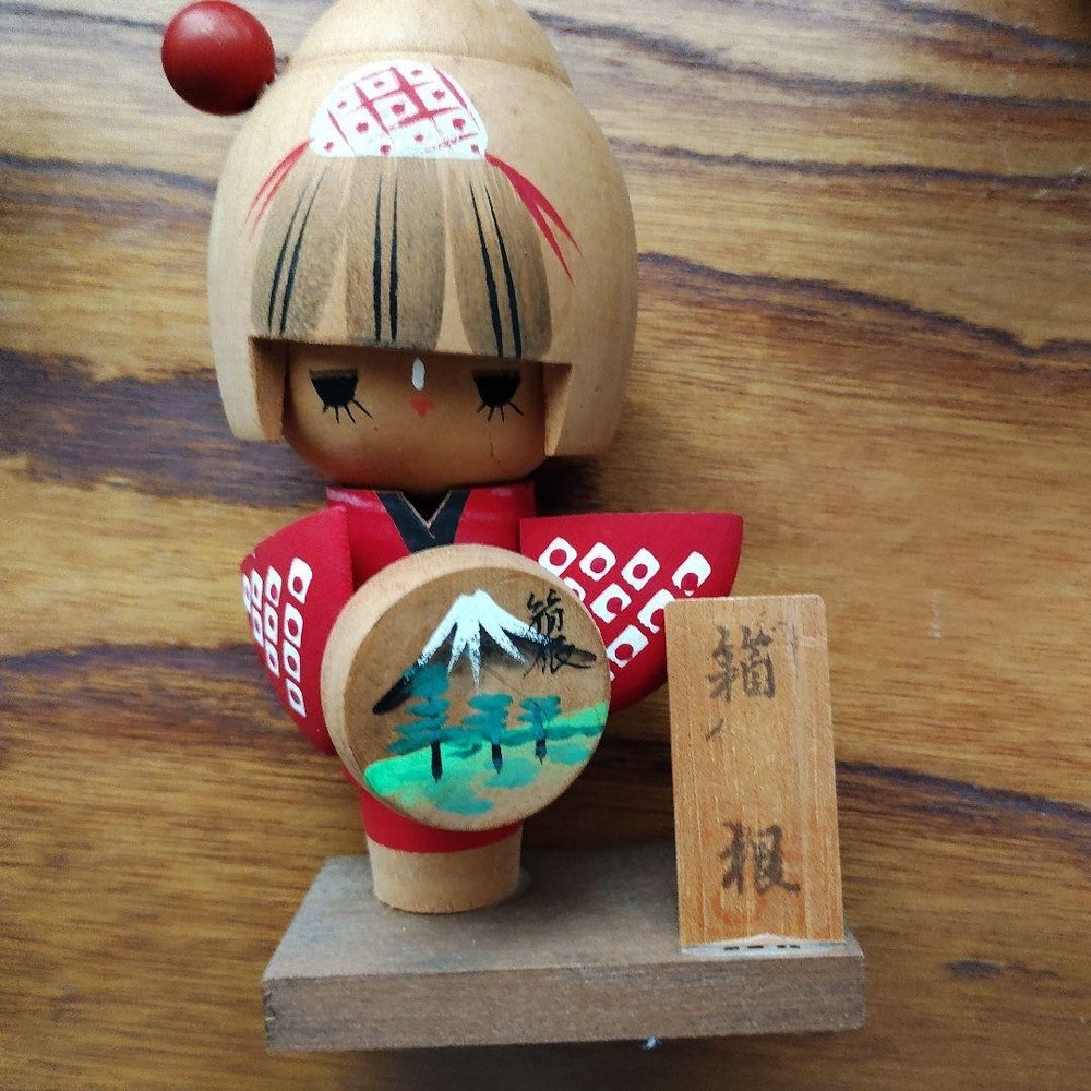 Kokeshi Doll Mt. Fuji Design Red White Wooden Traditional Japanese Collectible