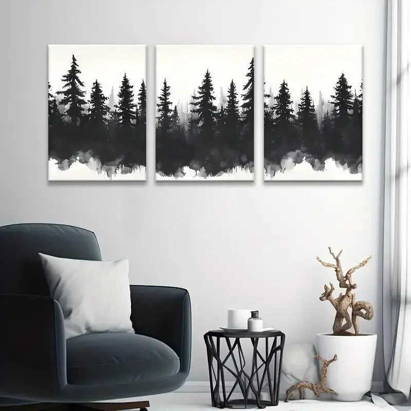 3pcs Black & White Forest Vintage Wall Art Canvas Unframed