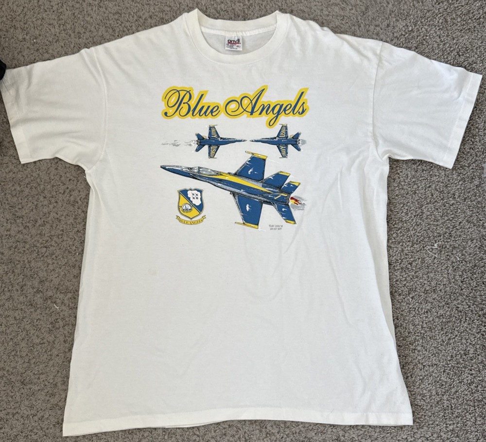 VINTAGE 90s BLUE ANGELS US NAVY FIGHTER JETS SINGLE STITCH GRAFFITI T SHIRT XL