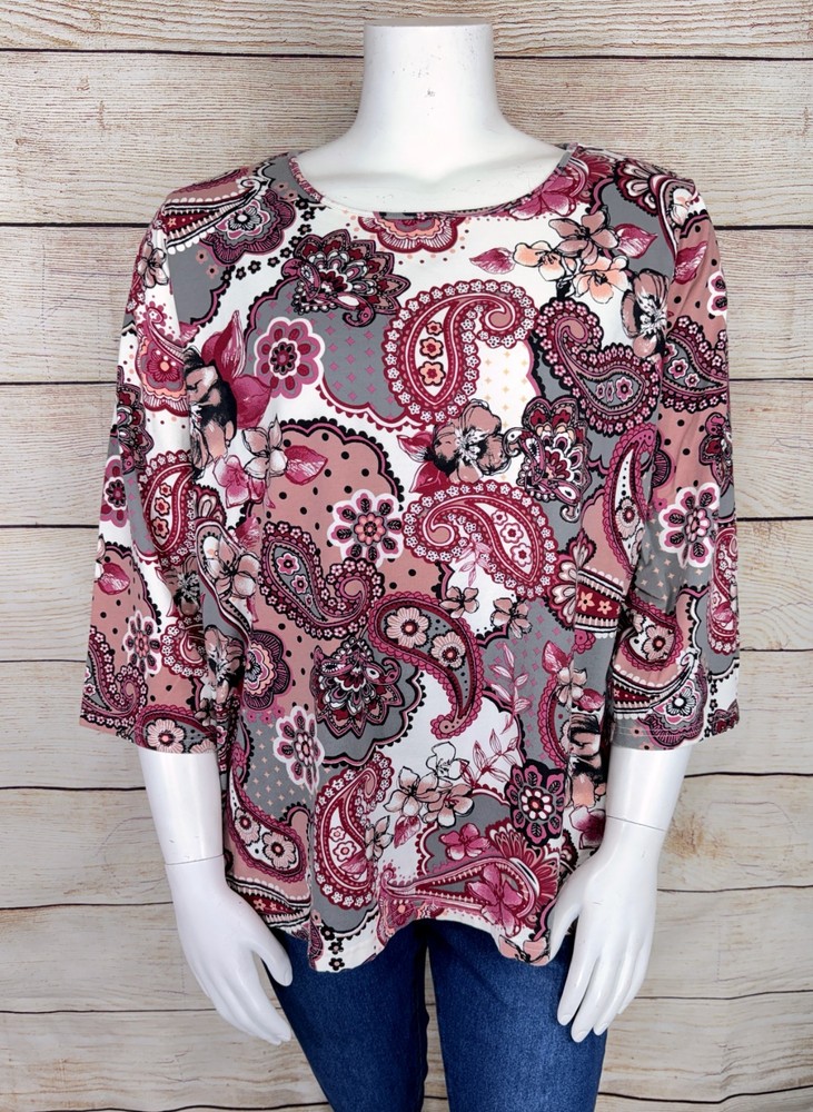 D&Co. Women's 3X Gray Black Red Burgundy Paisley Print T-Shirt EUC