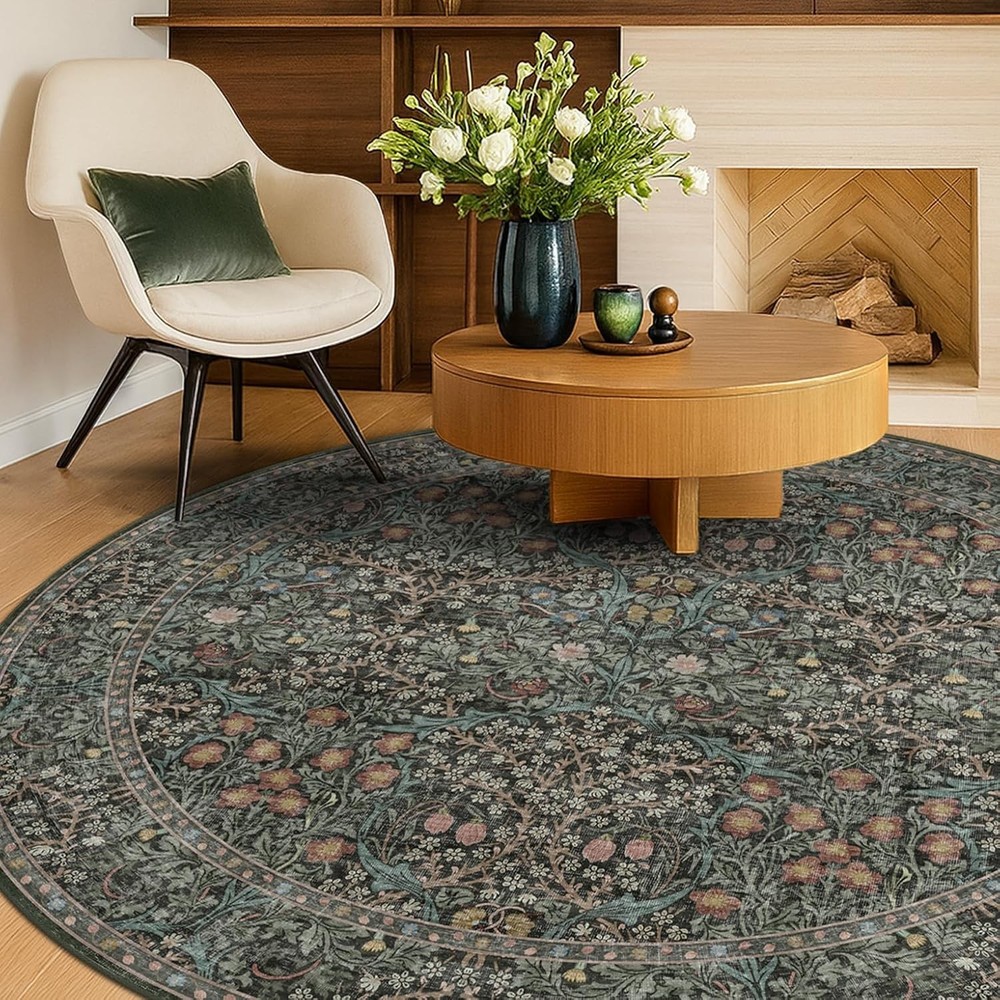 Round Area Rug 6ft Washable Non Slip Dark Green Floral Low Pile Living Room Rugs