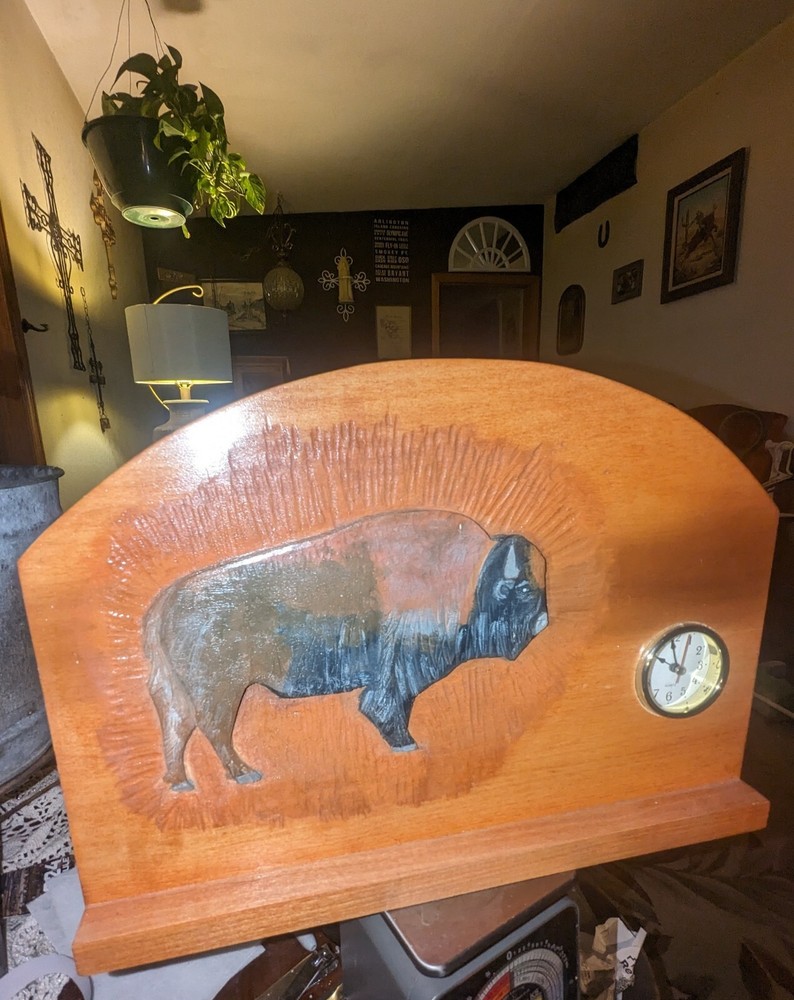 Hand Carved Wood Mantle Battery Clock With Buffalo Craved In Wood, Long 15