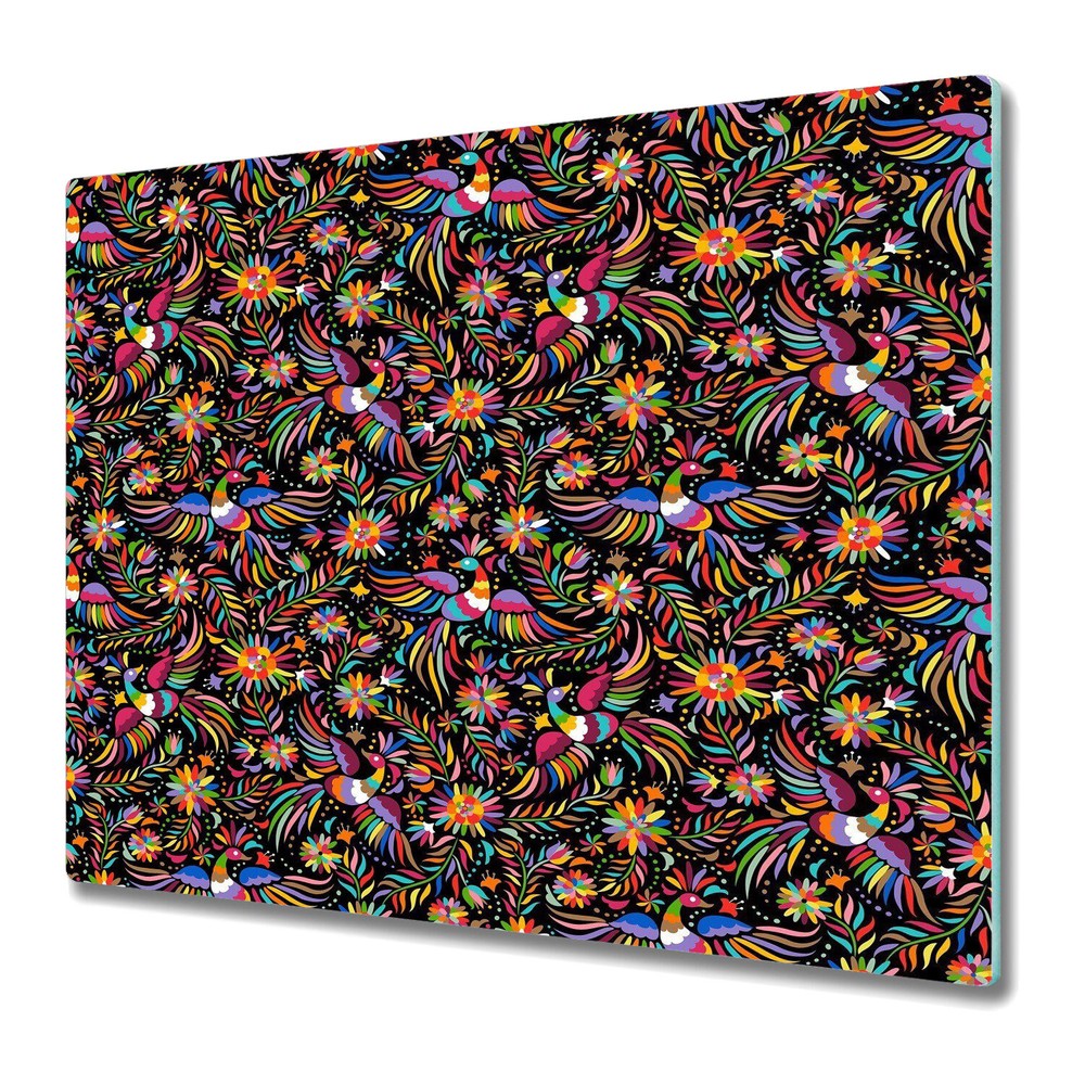 Glass Kitchen Chopping Board Mexican embroidery birds Colourful green red 60x52