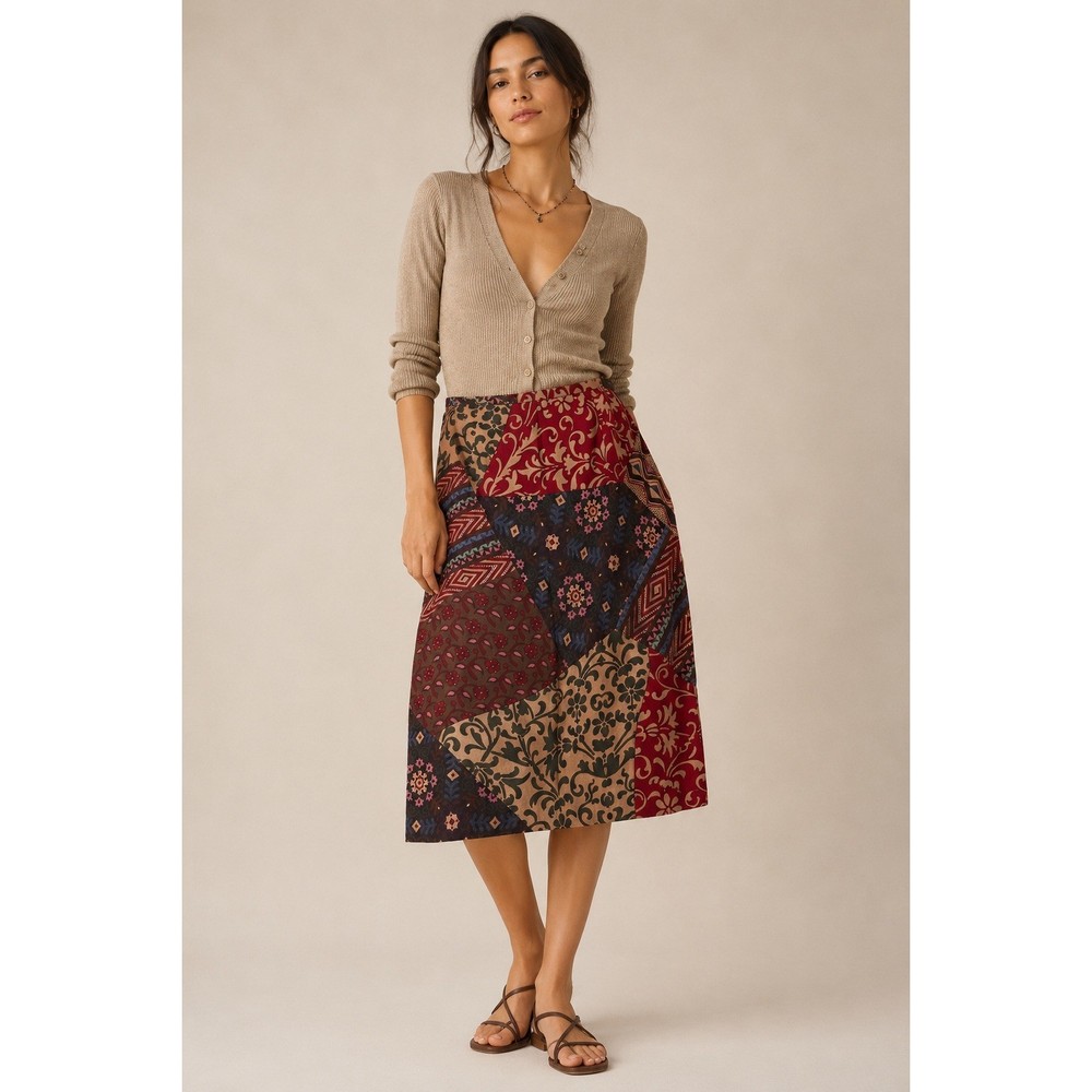Harold's 100% Silk Patchwork Print Pencil Skirt Red Geometric Midi Size 10