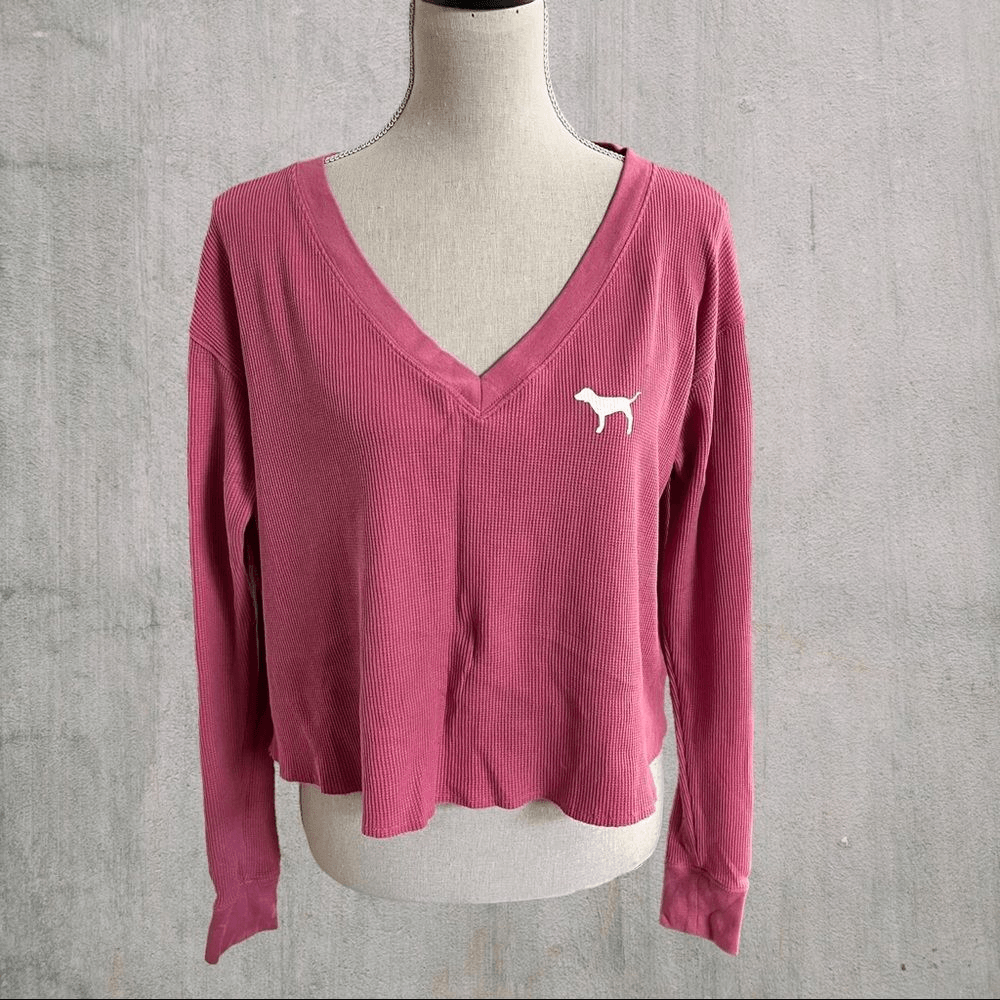 Victoria Secret Pink XS Cropped V-Neck Waffle Long Sleeve NWOT