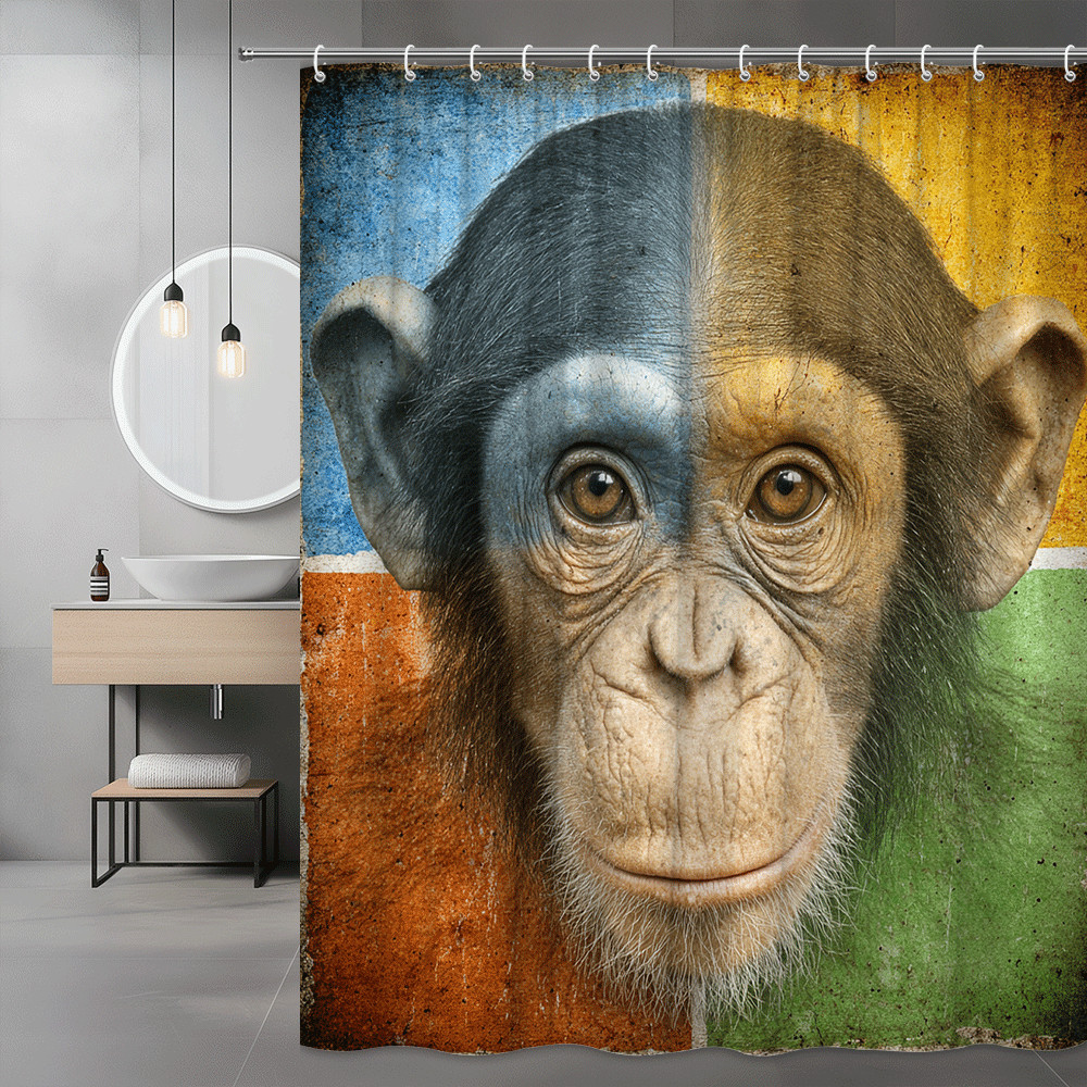 Chimpanzee Face Shower Curtain, Color Block Animal Graphic Print