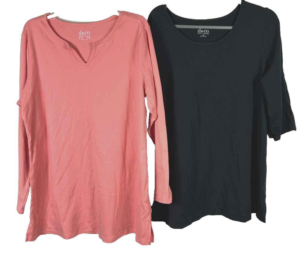 Denim & Co 1X Tops Lot of 2 Long Sleeve Pink Notch V Black Peek a Boo 3/4 Sleeve