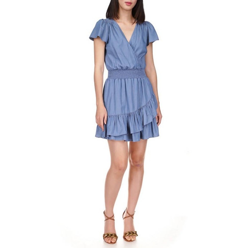 Michael Kors Women Blue Cotton Tiered Faux-Wrap Fit & Flare Mini Dress Size XS