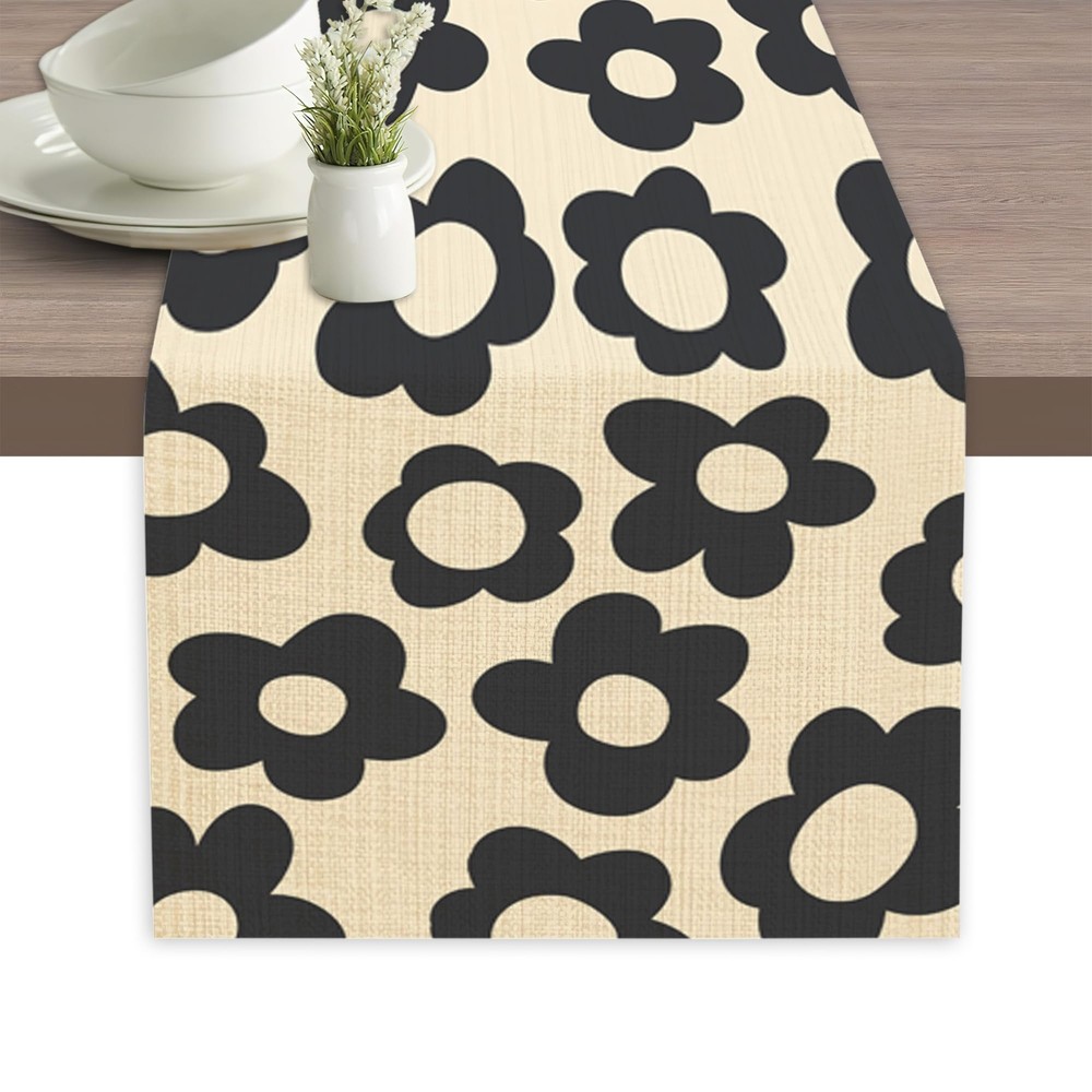 Abstract Black Floral Table Runner 70 Inch Elegant Linen Dining Decor-image
