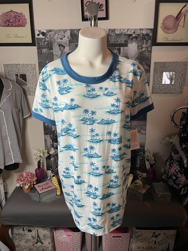 New Woman's LuLaRoe White Teal Palm Pattern Short Sleeve LIV Top Medium