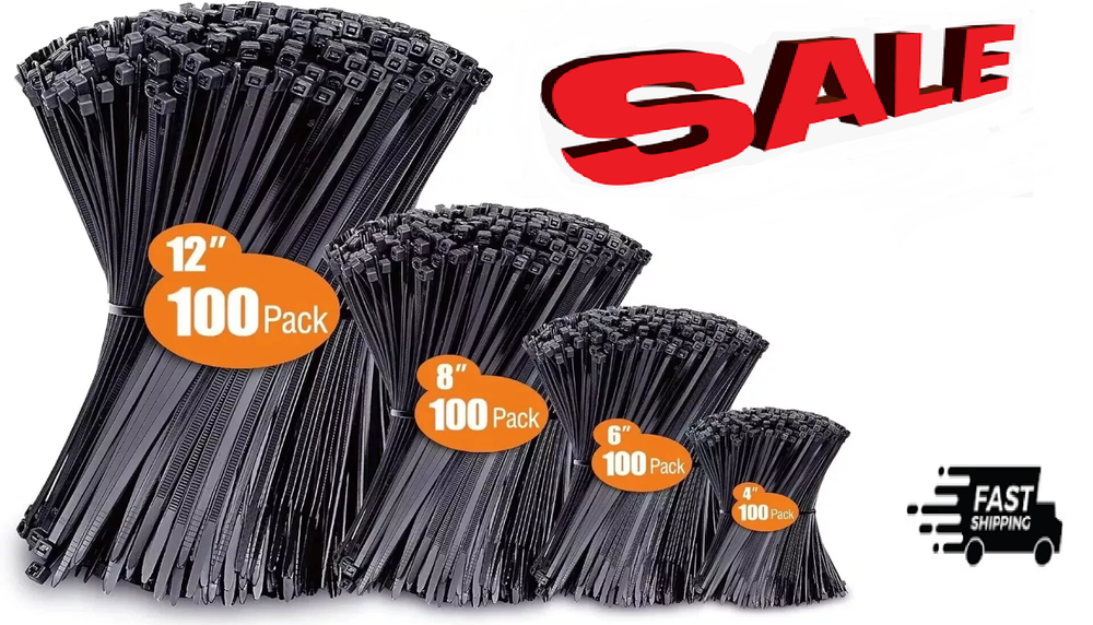 Zip Ties Assorted Sizes(4”+6”+8”+12”), 400 Pack, Black Cable Ties, UV Resistant