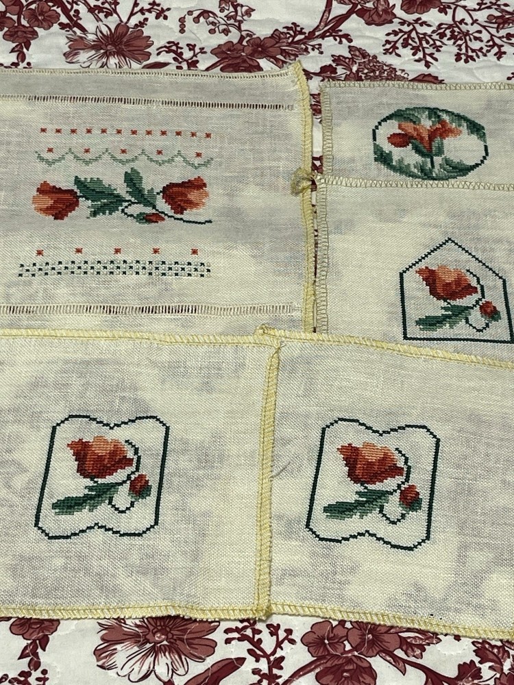 Vintage Finished Needlepoint Floral Rose Buds Lot Of 5