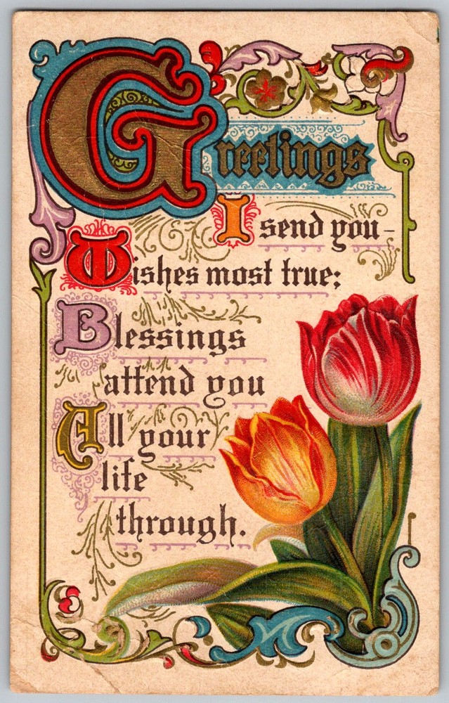 Antique Postcard Greetings Tulips Blessings 1910s