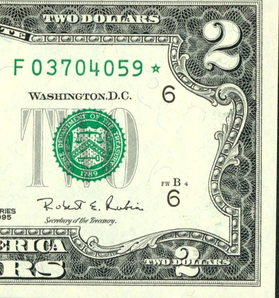** STAR ** $2 1995 (CHOICE/GEM ) FANCY SERIAL # ** CURRENCY (1st of 2 consec)