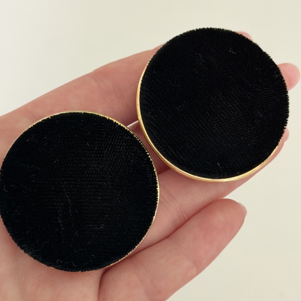 Vintage Big Huge Black Velvet Button Round Gold Tone Statement Clip On Earrings
