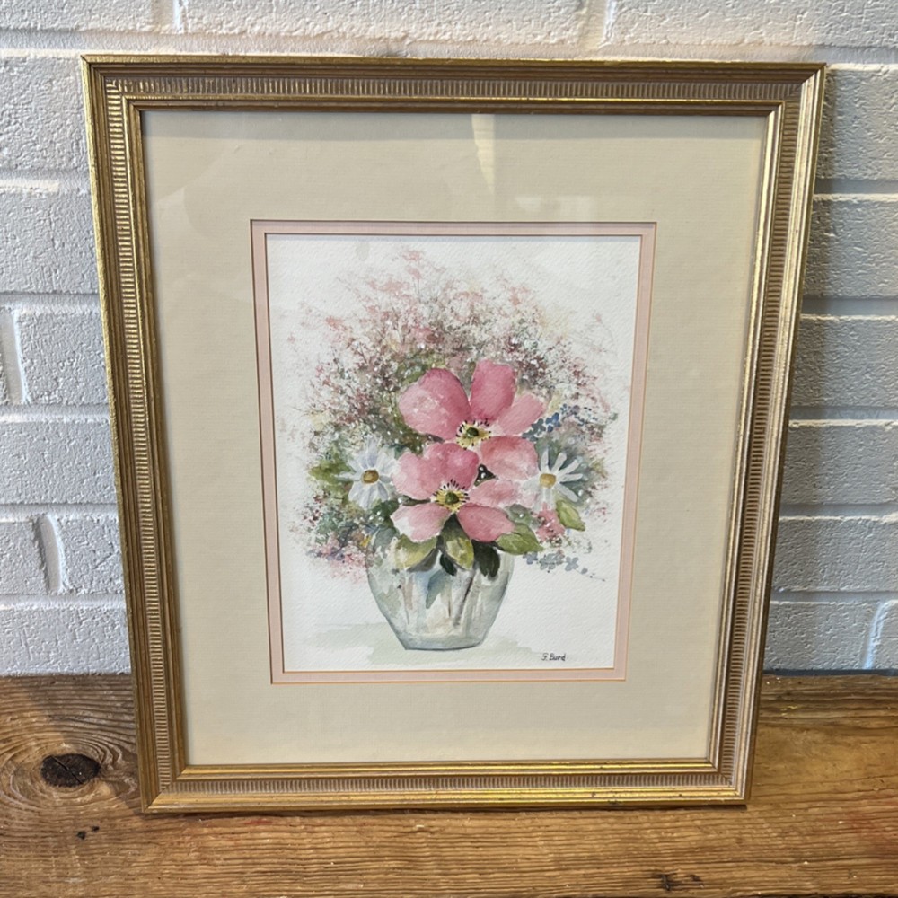 F. Burd Signed Framed Watercolor Painting Floral Figurative Art- gold frame