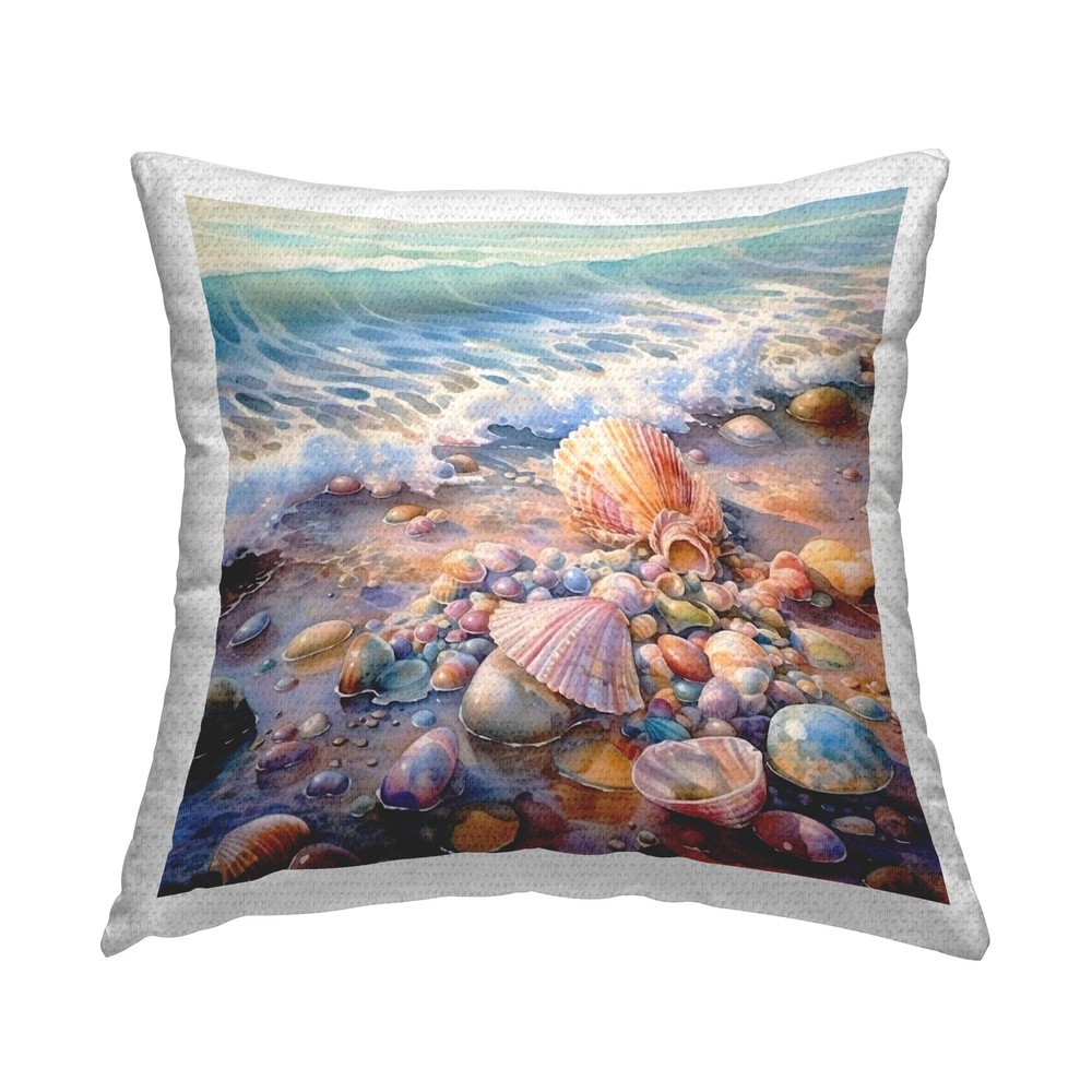 Blue Beach Waves Shell Print Outdoor Throw Pillow 18x18 Inches