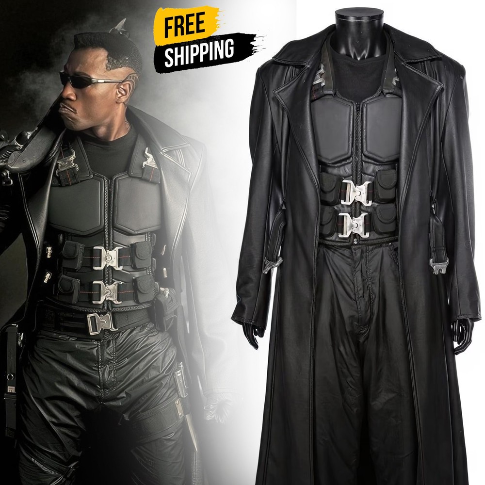 Blade Vest & Trench Coat Black Leather Costume | Wesley Snipes Vampire Hunter