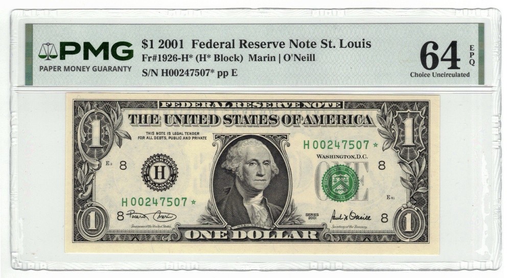 2001 $1 FRN St. Louis Star PMG 64EPQ Single 640k Run! Fr#1926-H* Key Note!!!