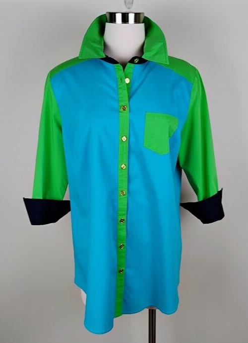 Soft Surroundings Button Up Shirt Colorblock Tunic Length Green Blue Size M/L