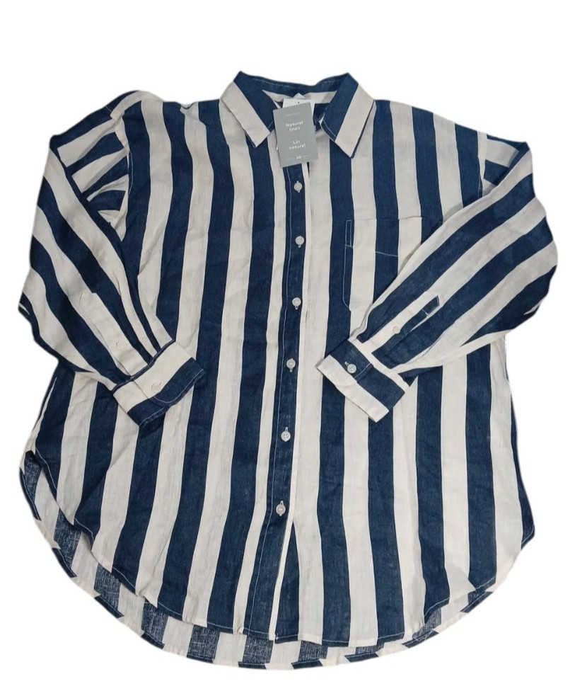 NWT H&M Button-Up Shirt Blue White Striped Small Long Sleeve Linen