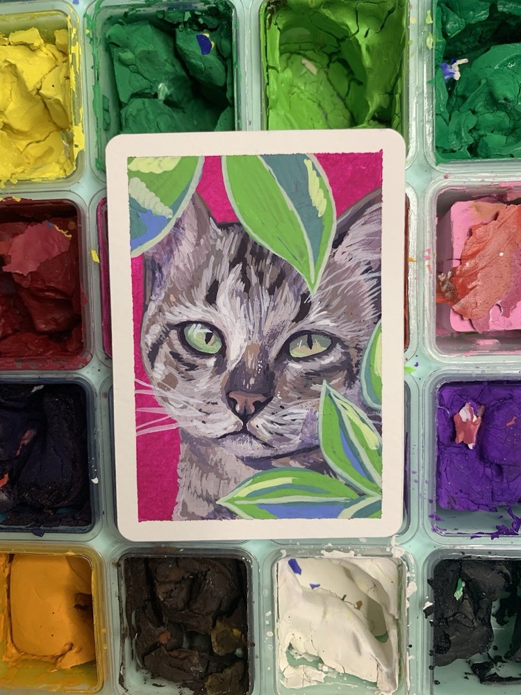 Original ACEO Tabby Cat Alley Cat OOAK Miniature Acrylic Painting By KAZ