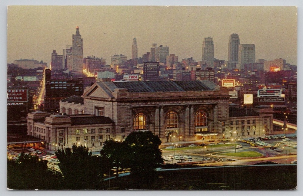 Kansas City MO Union Station & Skyline Night View Curteichcolor Postcard