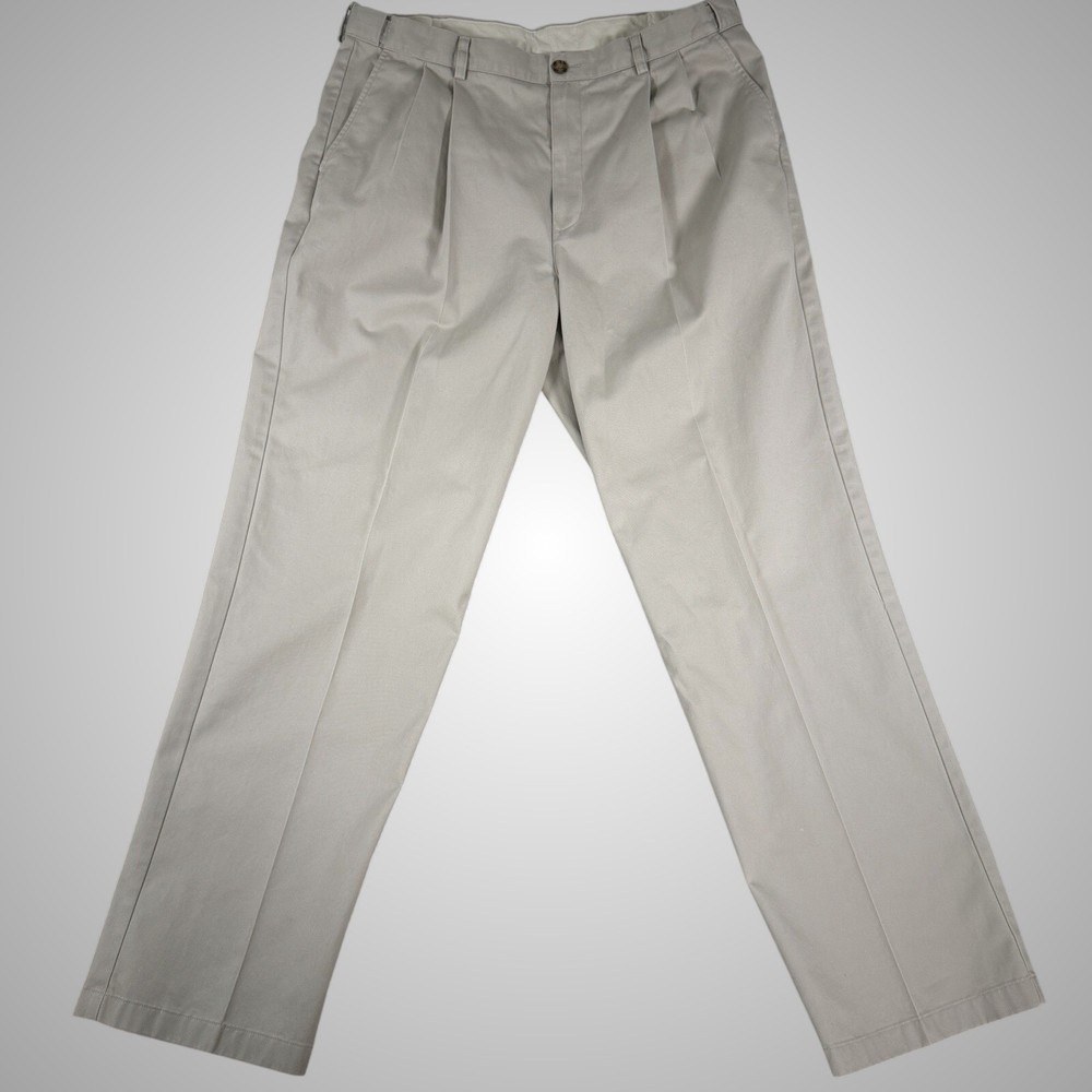 LL Bean Comfort Preppy Pleated Chinos Mens 38x34 Khaki Tan Cotton Pants