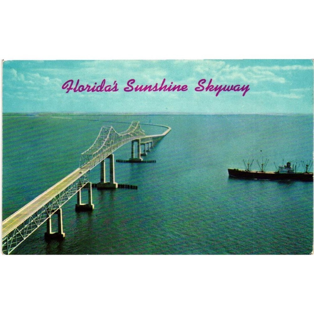 Vintage Florida Sunshine Skyway Bridge Postcard Tampa Bay Curteichcolor Unposted