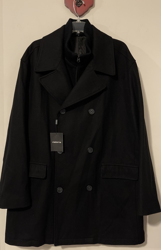 Claiborne Mens XL Black Layered Long Button-Up Pea Coat Thick Topcoat NWT! AZ18