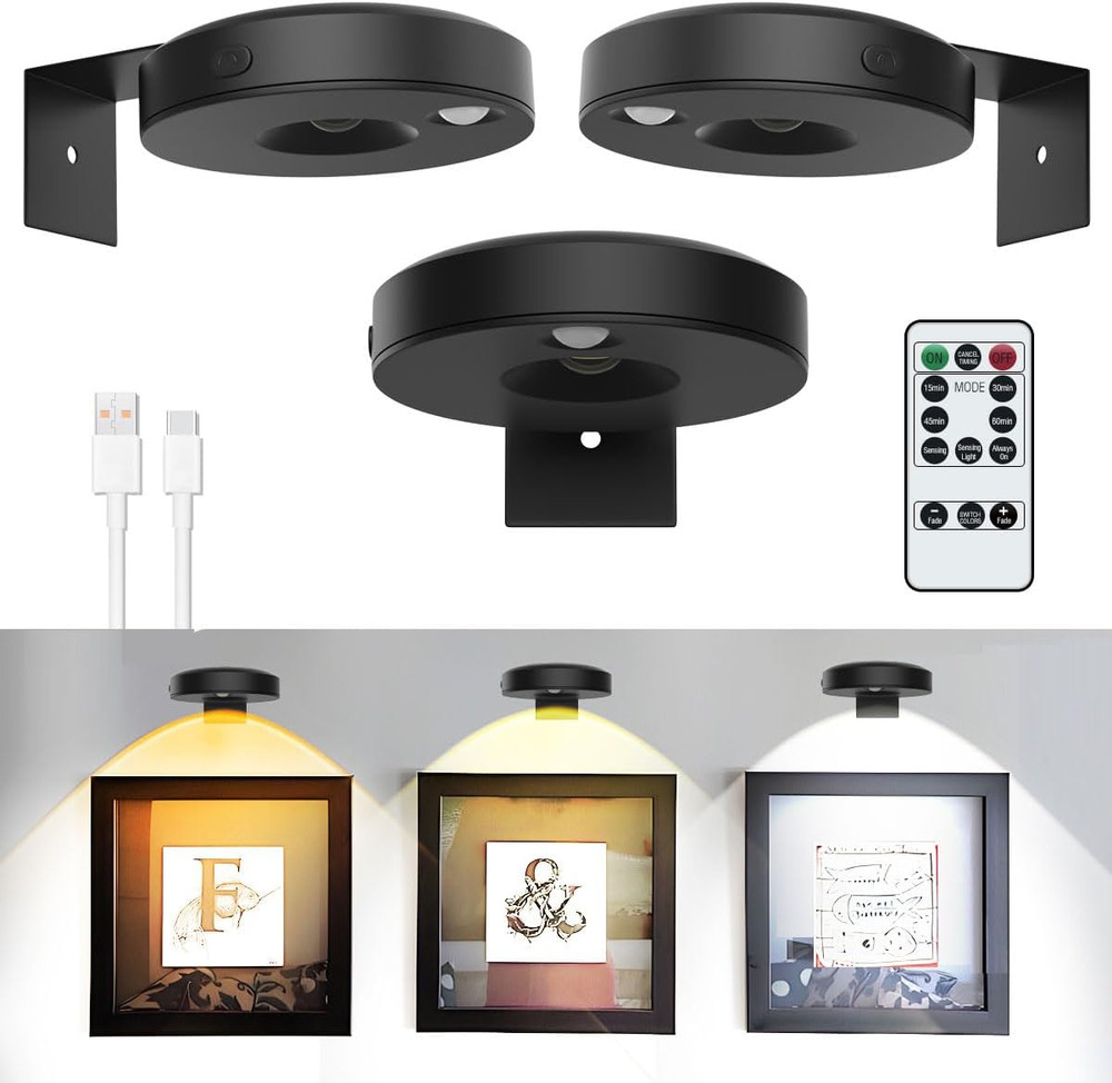 3Pack Rechargeable LED Picture Lights - Magnetic Wireless Art Light with Remote