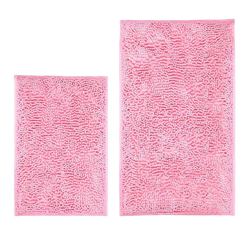 Pink Bathroom Rug Set, 2 Non-Slip Chenille Mats, Machine Washable, Soft