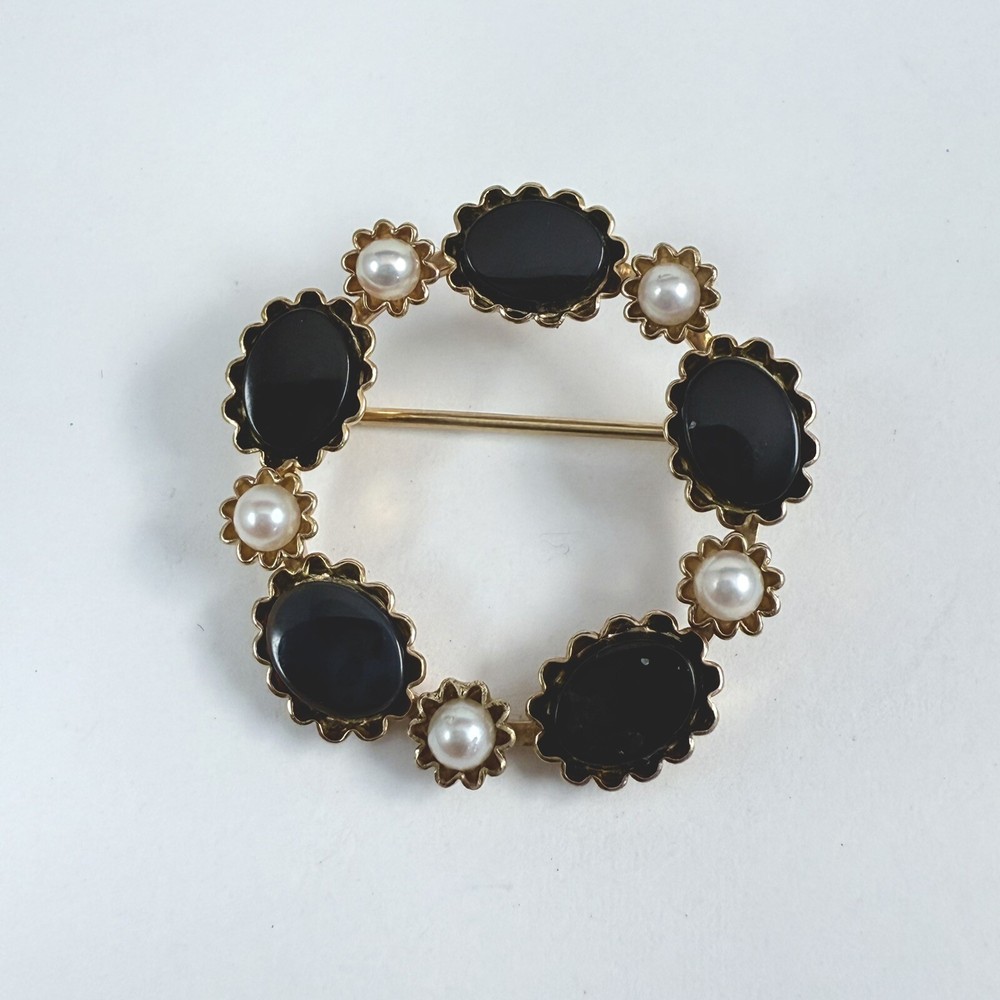 Vintage CURTIS JEWELRY DEC Black Onyx & Faux Pearl 1/20th 14K Gold Filled Brooch