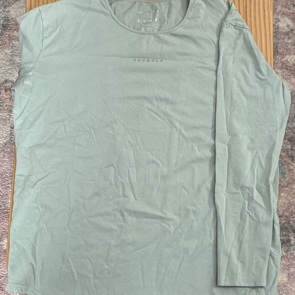 Vintage YoungLA Men's XL Green Cotton Solid Crew Neck Long Sleeve T-Shirt