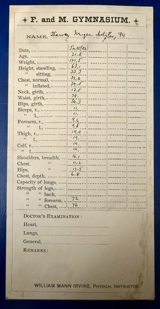 Franklin and Marshall College Lancaster Pennsylvania Physical Assessment 1892