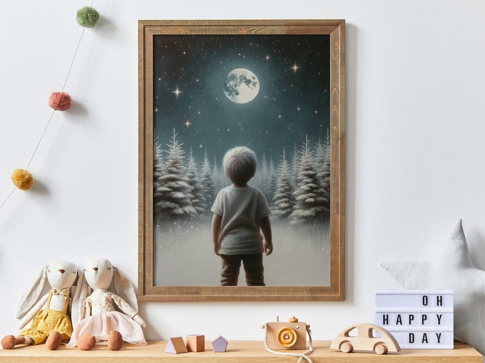 Stars Moon Nursery Decor Boys Room Wall Art Stargazing Print Moody Art For Kids