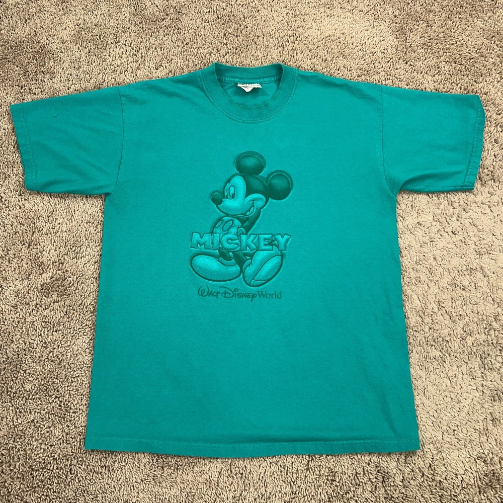 Vintage Disney World Mickey Mouse Embossed Tee Adult Medium Green Blue
