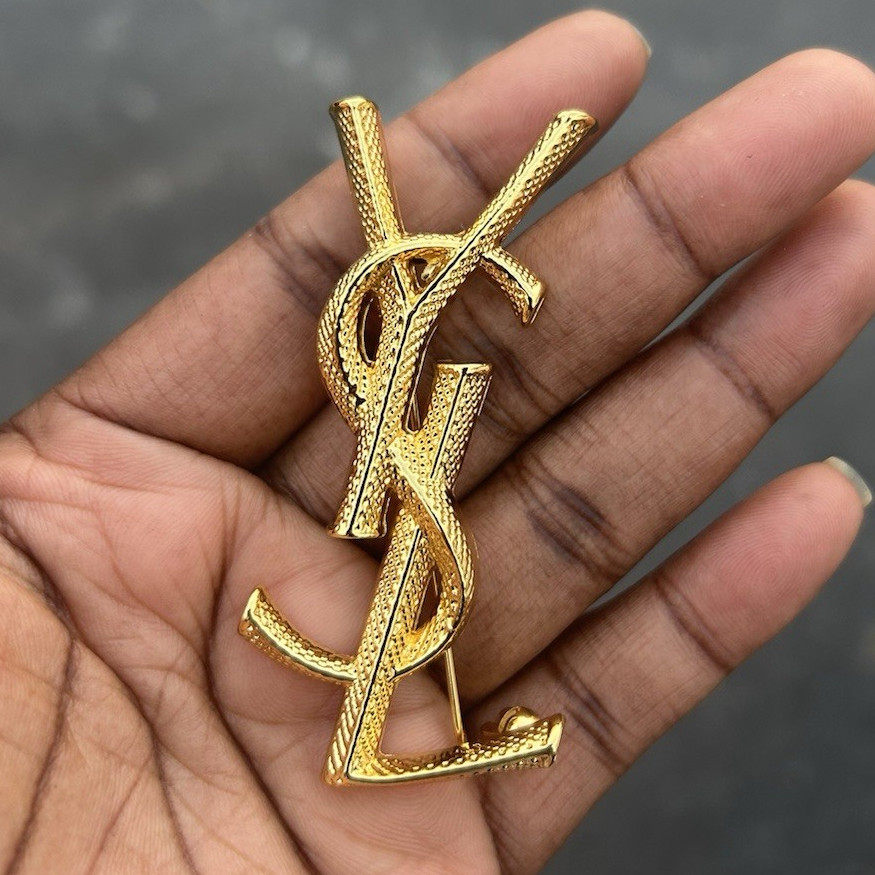 YSL Gold Tone Logo Monogram Designer Brooch Pin, Metal, No Gemstones
