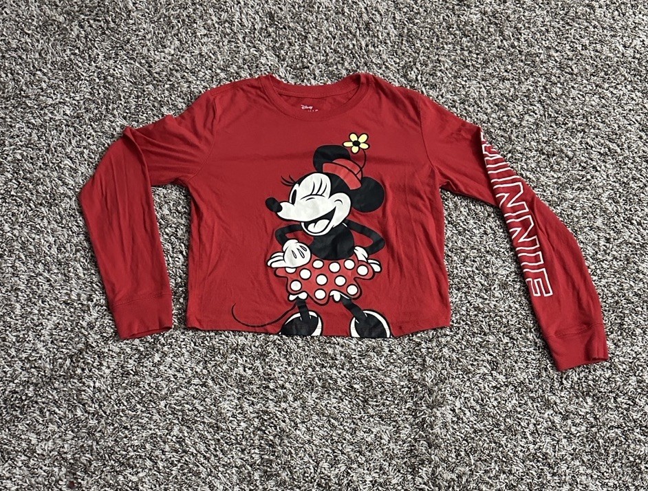 Disney Minnie Mouse Long Sleeve Pullover Cropped Shirt Womens Red Small