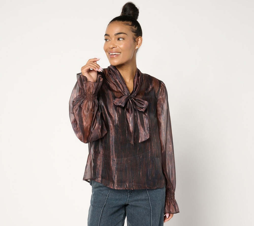 Me by Jennie Garth Women's Top Sz M Tammy Woven Tie Neck Blouse Brown A670944